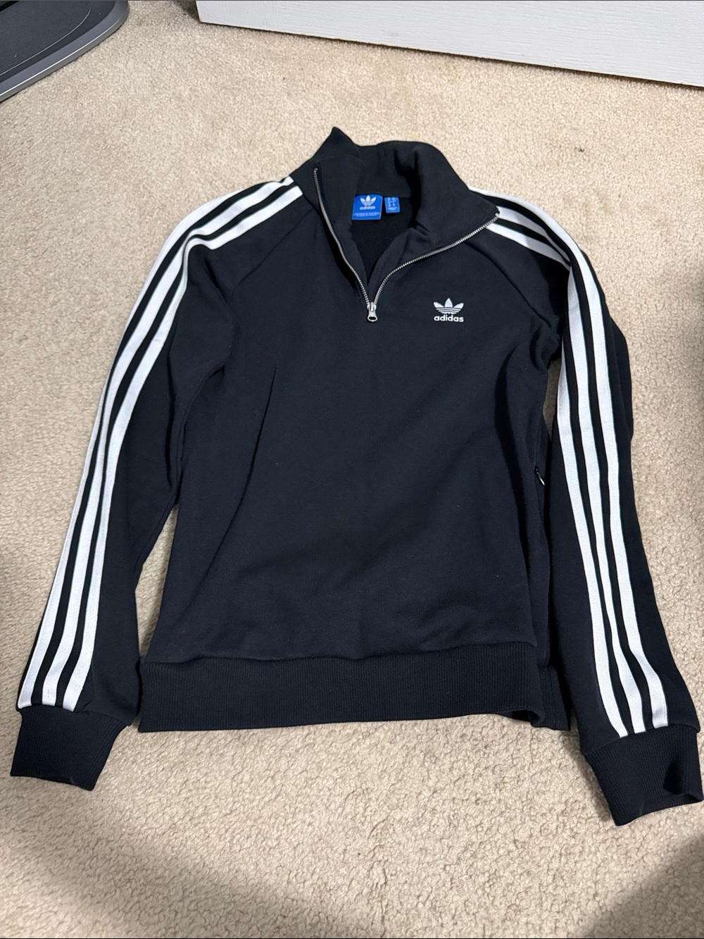 adidas Black Quarter-Zip Track Sweater with White Three Stripes